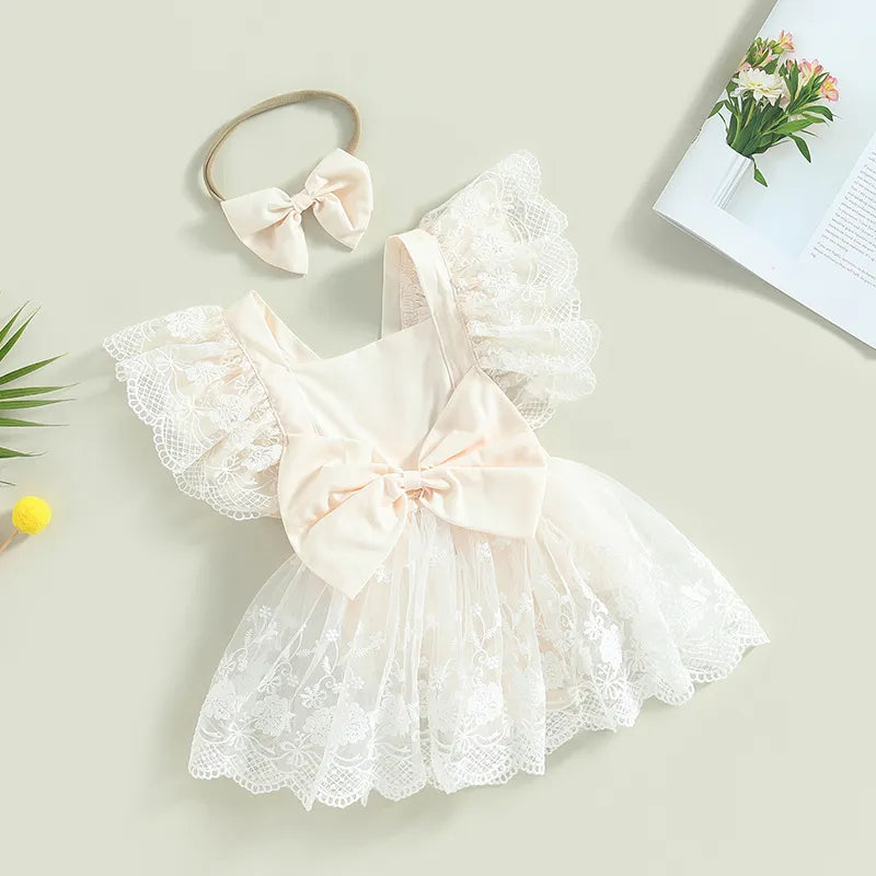 Summer Infant Baby Girls Bodysuit Dress Lace Flower Fly Sleeve Bowknot Jumpsuits Headband Clothes