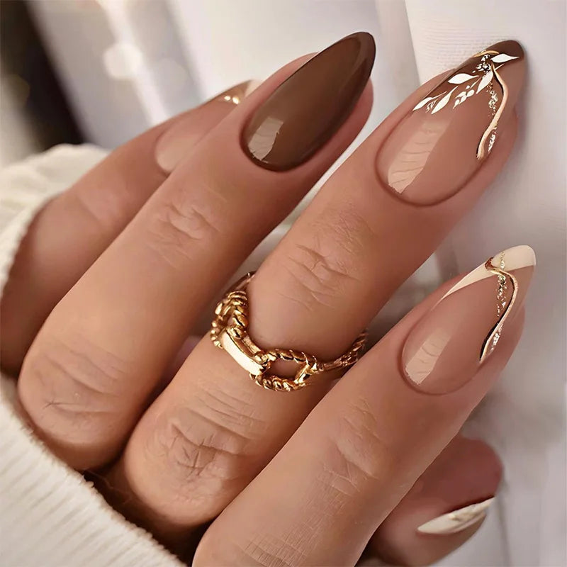 Simple Stick on Nails Colorful Lines with Golden Steel Beads Fake Nails for Women Wearable Almond False Nails Tools