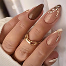 24PCS Simple French Stick on Nails Beads Nails for Women Wearable Almond False Nails Tools