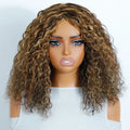 Mannequin head with a curly brown wig on a light gray background, Obroi