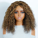 Mannequin head with a curly brown wig on a light gray background, Obroi