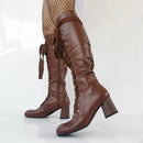 Brown Chunky Heels Lace-Up Knee Splicing Women's Boots Hollow Retro Casual Shoes