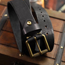 Handmade Extra Thick Men's Belt Brass Pin Buckle Genuine Leather Jeans Tooling Motorcycle Belt