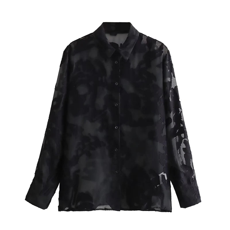 Shirt Women Semi Sheer Chiffon Blouse Female Button Up Elegant Chic Woman Shirts Autumn Long Sleeve Tops