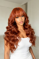 7x5 Lace Reddish Brown Loose Wave Human Hair Wig With Wispy Bangs Pull & Go Drawstring Glueless Wig