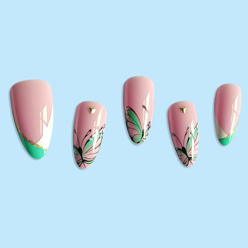 Press-On Nails - Almond Shape Butterfly Mint Green & White Mix Perfect As Gifts for Women and Family Members