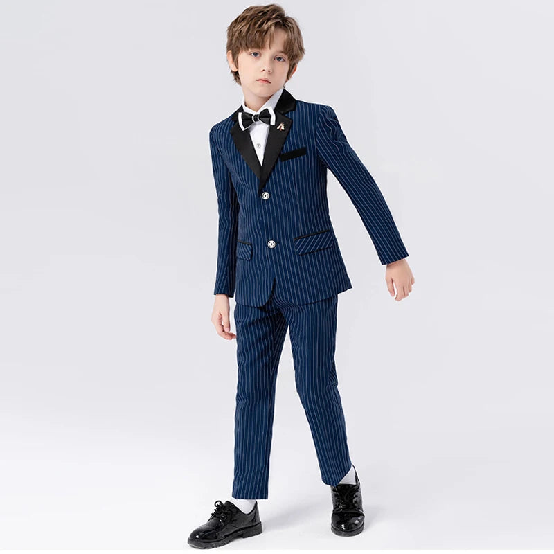 Children Formal Blue Stirped Suit Set Boys Blazer Pants Bowtie Brooch Outfit Kids Performance Piano Host Wedding Costume