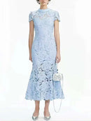 Luxury Embroidery Lace Evening Long Dresses Women Summer Holiday Fishtail Mermaid Hollow Out Dress