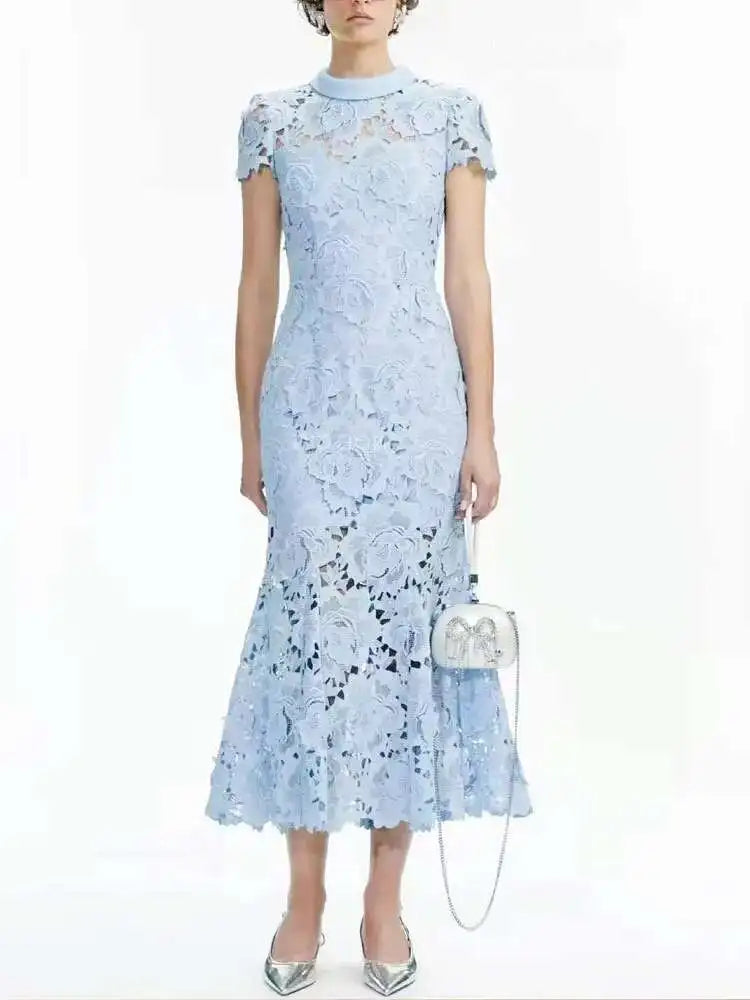 Luxury Embroidery Lace Evening Long Dresses Women Summer Holiday Fishtail Mermaid Hollow Out Dress