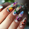 Nails with colorful butterfly designs on a blurred background, Obroi