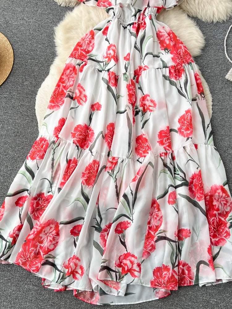 Vintage Beach Dress Women Elegant Off The Shoulder Floral Party Dresses Ladies A-line Casual Chiffon Long Robe
