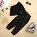 Autumn Children Girls Clothing Sets Solid One-Shoulder Long Sleeve Tops+Elastic Waist Pants 2pcs Casual Outfits
