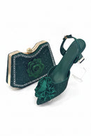 Elegant Green Handbag & Medium Heel Shoe Set with Exquisite Handmade Floral Accents