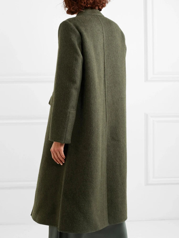 Elegant Temperament  Solid Long Woolen Trench Coat Women Simple Casual Windbreaker Autumn