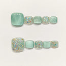 Summer Fresh Green False Toe Nails Glitter Rhinestone Decor Press on Toenails for Women Girl Wearing Toenail