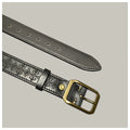 Gray leather belt with gold buckle on a light gray background, Obroi