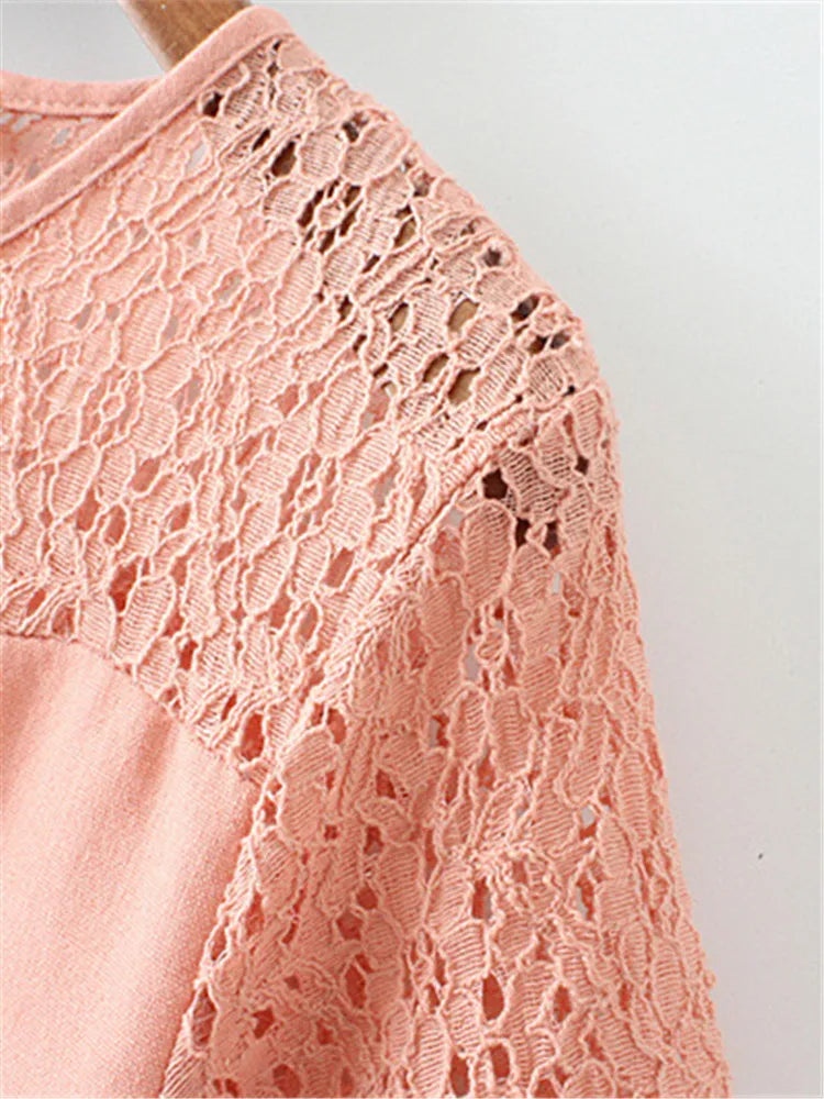 Clothes For Summer T-Shirt Lace Cutout Fabric Stitching With Natural Cotton And Linen Fabric