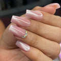 24 handmade square nails Sheer pink cat eye base with shiny rhinestone decor Reusable