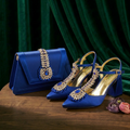A matching royal blue handbag and a pair of pointed-toe high-heel pumps with ornate gold embellishments and blue jewel accents, arranged on a wooden surface in front of dark green velvet drapery, Obroi