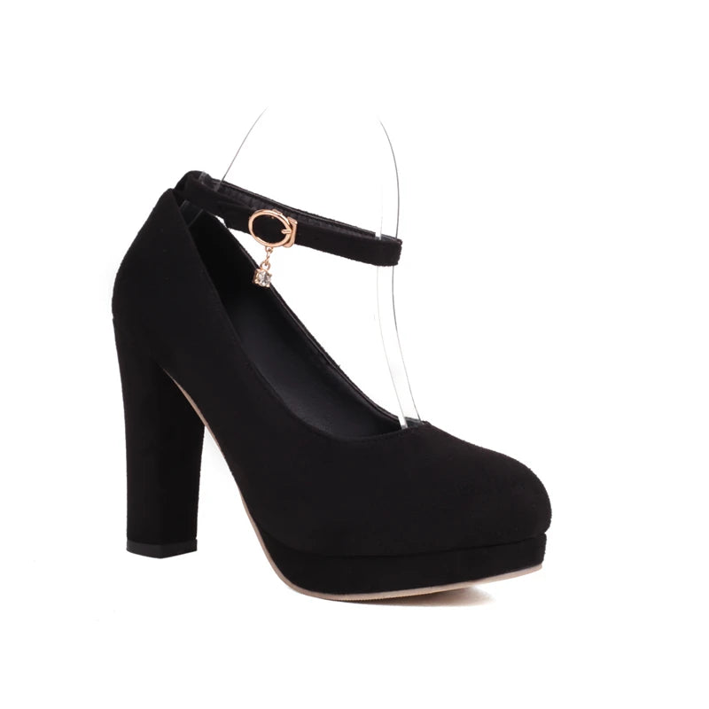 Shoes Woman Pumps Elegant Ankle Straps Black Blue Flock Women's Heels Shoes