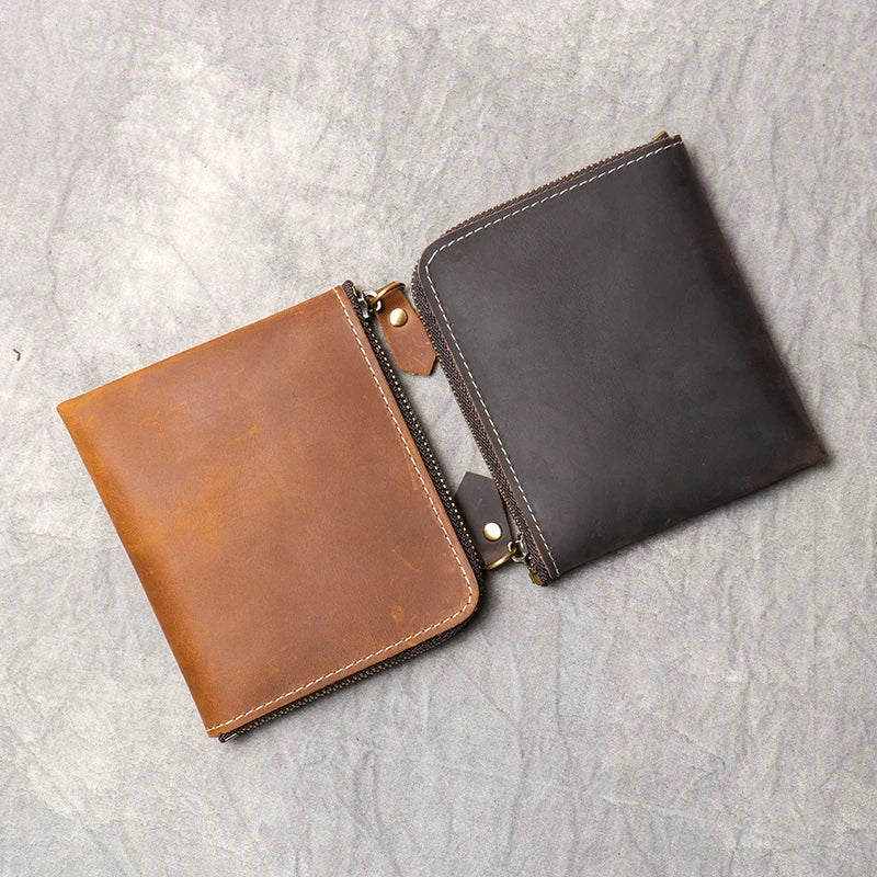 Men's Wallet Vintage Genuine Leather Short Wallets Coin Pocket Zipper Small Money Purses Mini Slim Purse Bags