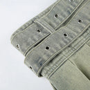 Vintage Low Waist Mini Denim Skirt 2025 Summer Fashion Square Buckle Big Belt Pleated Skirt
