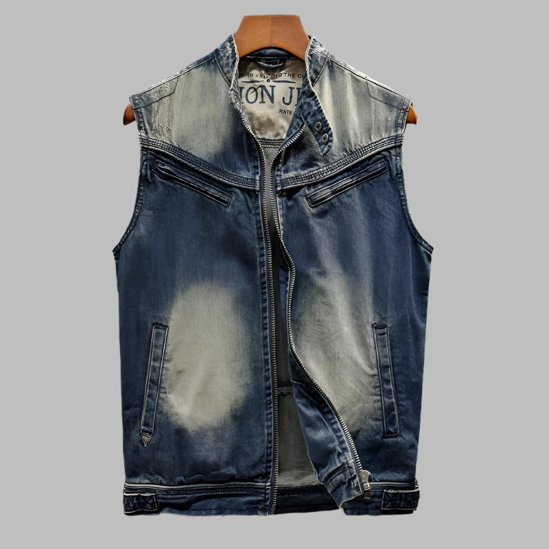 Retro stand up collar denim vest men's zipper slim fit jacket denim vest mens vest men jacket