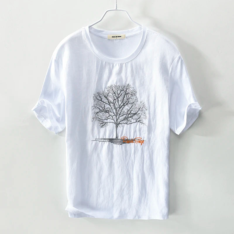 Embroidery Black T Shirts Men Linen Round Neck Embroidered Casual T-Shirt For Men Tops