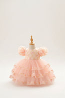 A light pink toddler girl's party dress displayed on a small dress form mannequin. The dress features a patterned bodice with puff sleeves and a tiered tulle skirt, set against a plain off-white studio background, Obroi