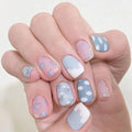 24pcs Manicure Nail Tips Bear Fake Nials Gold Edge French False Nails Short Square Blue Pink Clouds
