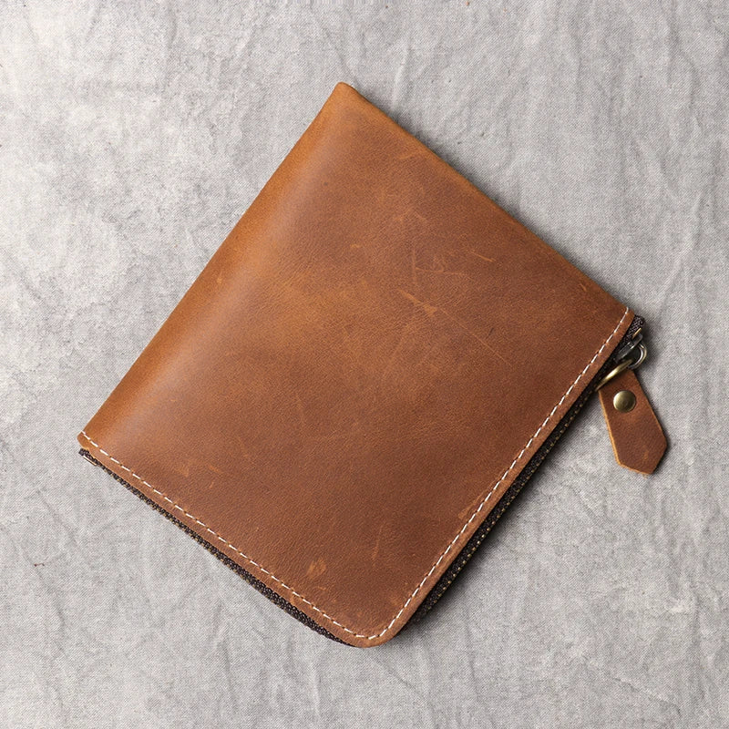 Men's Wallet Vintage Genuine Leather Short Wallets Coin Pocket Zipper Small Money Purses Mini Slim Purse Bags