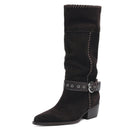 Leather Western Boots Pointed Toe Buckle Block Heels Winter Knee High Boots Handmade Ladies Shoes