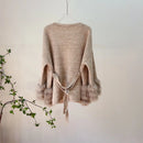 Women Autumn Knitted Cardigans With Belt Real Fox Fur Fur Striped Coat Outwear Female Luxury Sweater