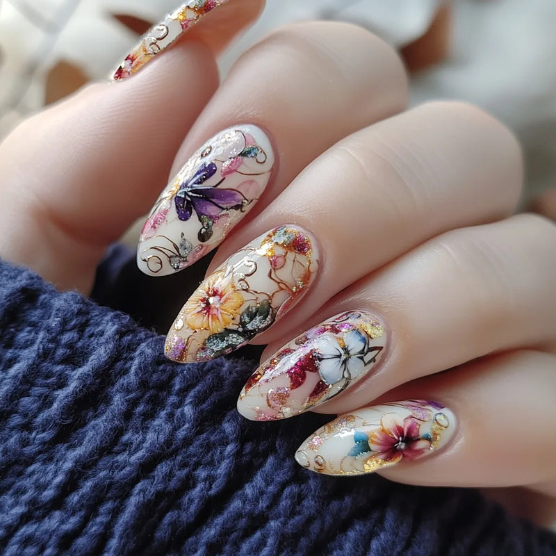 24pcs Classical Flowers Press on Nails Flowers False Nails Wearable Spicy Girls Fake Nails for Women
