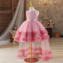 Children Party Dresses Sequins Collar And Sash Flower Tulle Trailing Carnival Costume for Little Girl White Ball Gow