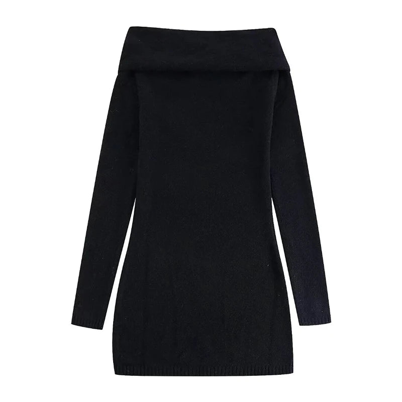 Sexy Off Shoulder Black Knit  Mini Dress Women Long Sleeve Slim Sweater Dresses Spring