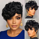 Three views of a woman with styled black hair, wearing gold earrings and a blue top, Obroi