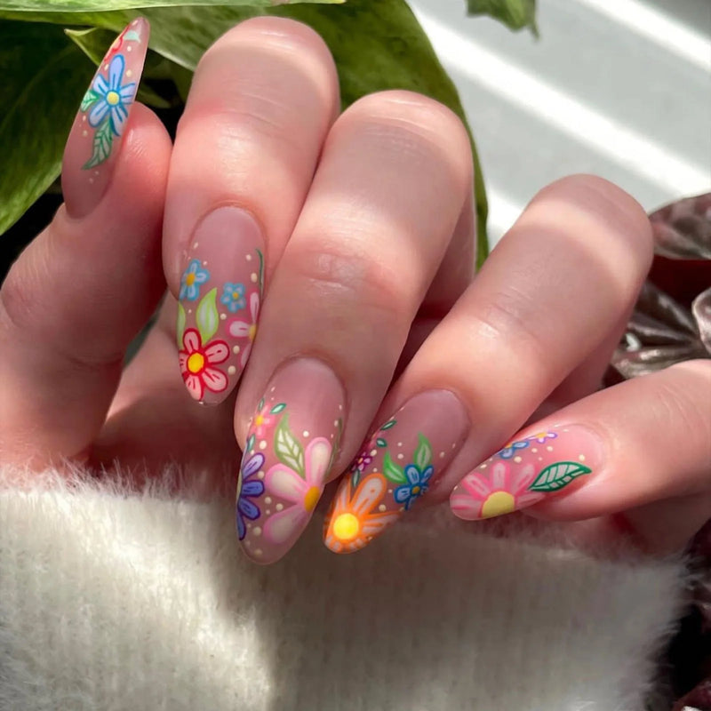24pcs Spring Summer Flowers Fake Nail Full Cover Almond Press On Nails