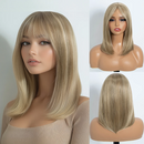 Blonde wig with bangs on a mannequin head and a woman, Obroi