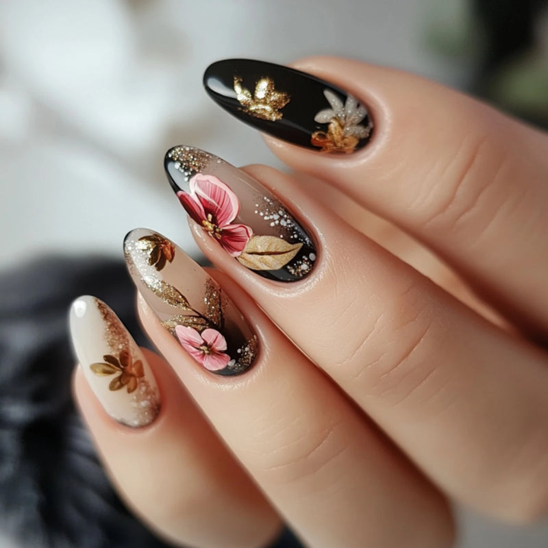 Almond Spice Girl Flower Press On Nails Wearable Gold Nails Round