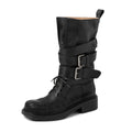 Winter Women Mid Calf Boots Autumn Western Shoes Square Toe Buckles Lady Motorcycle Boots
