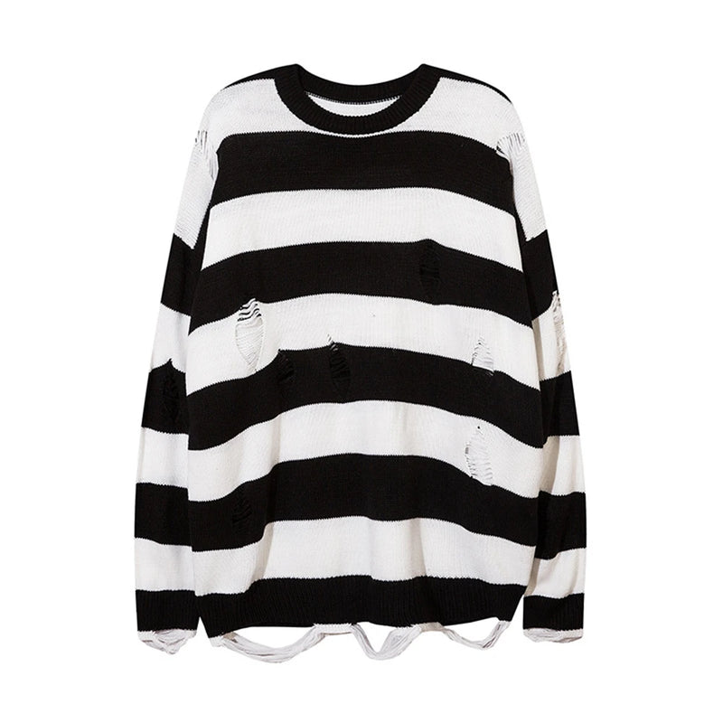 Striped Sweater Ripped Hole Streetwear Vintage Destroyed Knitted Pullovers Men Women Oversize Loose Knitwear