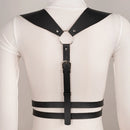 Black leather harness on a white mannequin against a gray background, Obroi