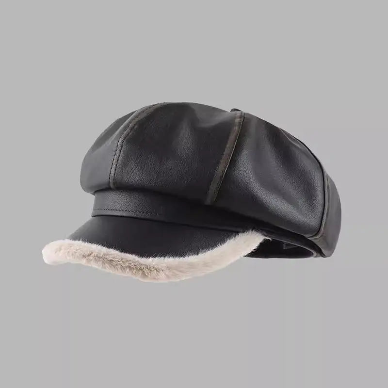 Luxury Hat Women Men Military Caps Faux Leather Octagonal Hat Warm Velvet Newsboy Captain Caps For Autumn Winter