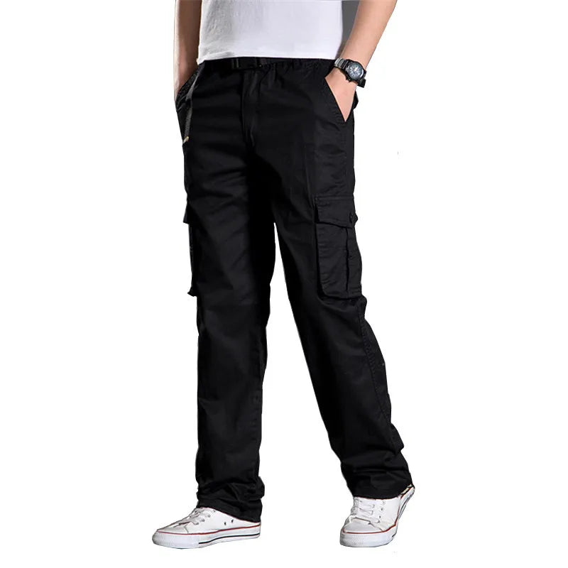 Men's Cargo Pants Cotton Solid Casual Loose Straight Pants Elastic Work Trousers Male