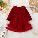 Autumn and winter girls plush long sleeved dress new children clothing red princess mesh lapel dress