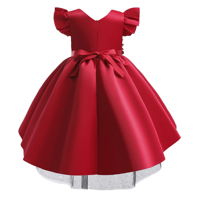 Elegant Children's Red Flower Dress Girls Dresses For Party And Wedding Tulle Bridesmaid Costume