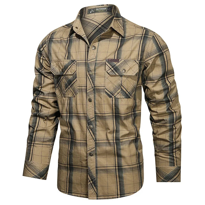 Men's Military Plaid Shirts 100% Cotton Business Spring Autumn Casual Long Sleeve Shirts