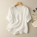 Summer Women Flower Embroidery  Cotton T-shirt Simple Basic Pullover Tops Female
