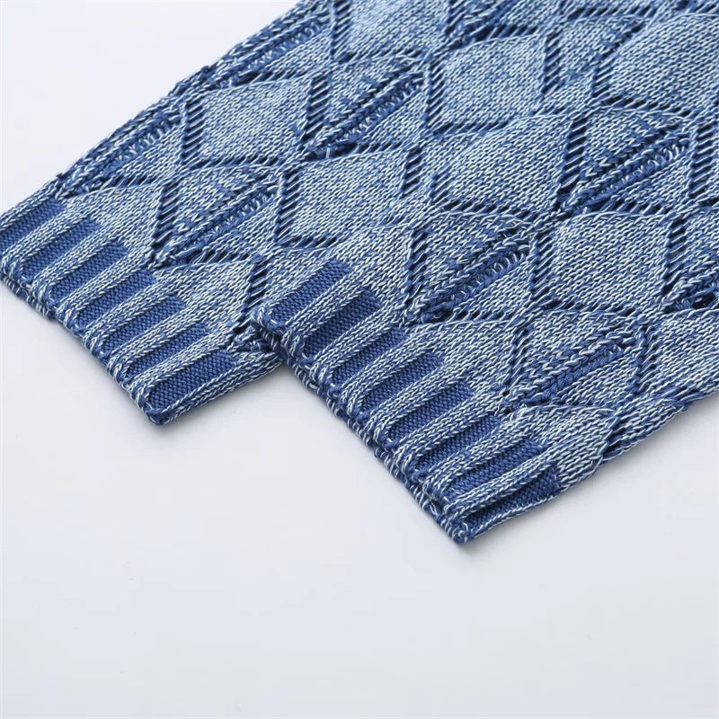 Autumn Women's Wash Effect Knitwear Vintage Geometric Hollow Out Pullover Smock Thin Crop Top Sweater